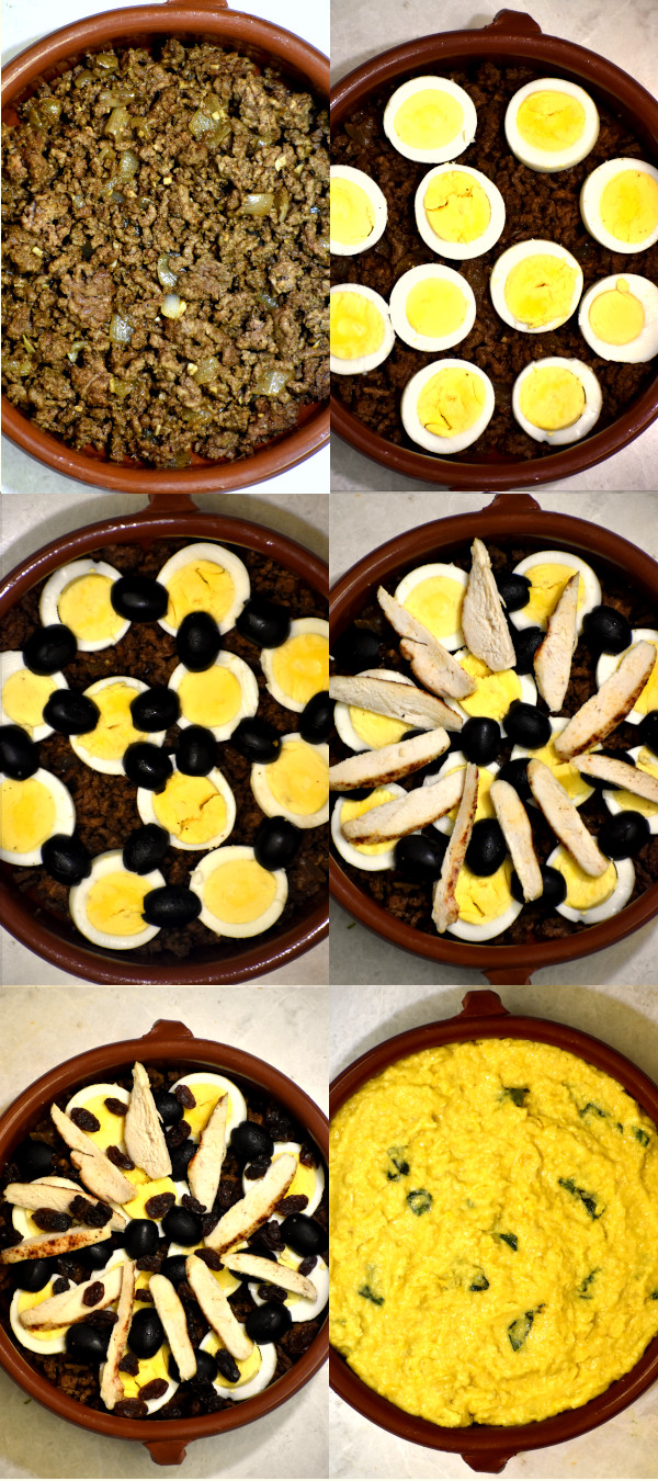 拼贴六张图片，展示了食材被分层放入砂锅中。