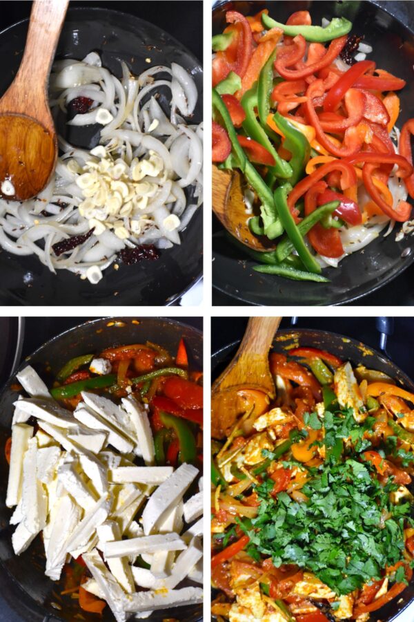 拼贴炒菜过程的四个步骤。