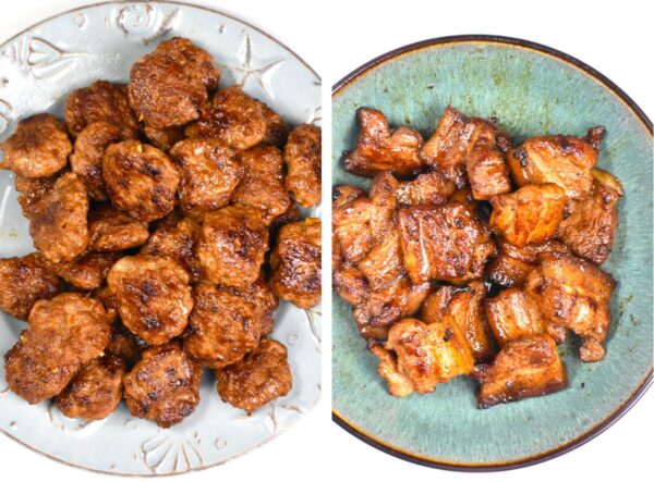 拼贴两幅图片:一个是煮熟的肉丸，一个是煮熟的五花肉。