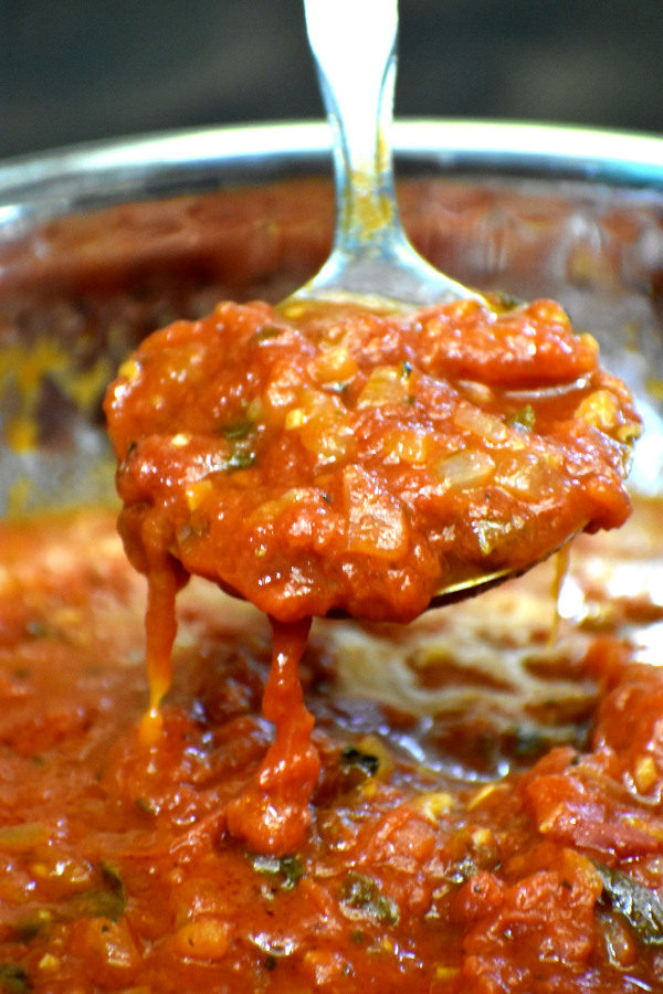 金属勺子从锅里舀出自制番茄酱的特写镜头