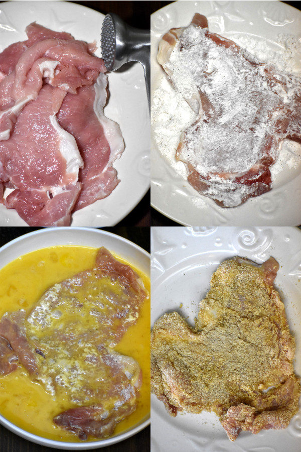四幅图片拼贴:打好的猪排，然后是抹上面粉的猪排，然后是抹上打好的鸡蛋的猪排，最后是抹上面包屑的猪排