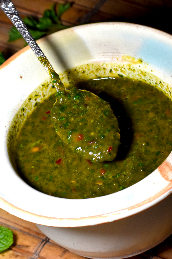 用勺子舀一些美味的绿色酱汁