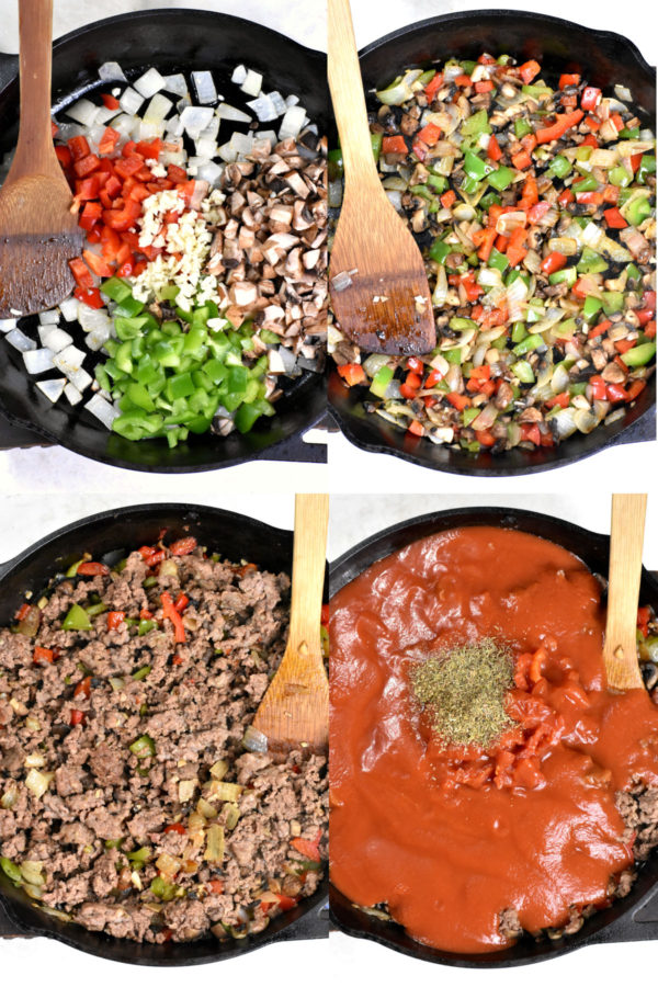 拼贴四张图片，描绘了不同的步骤，都在一个铸铁煎锅里:生蔬菜，熟蔬菜，熟肉和蔬菜，最后加入西红柿和香草。