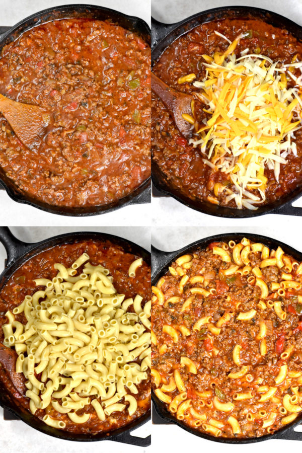 拼贴的四幅图片描绘了不同的步骤，都在一个铸铁煎锅里:番茄肉酱，加入奶酪，加入面条，最后把所有的东西混合在一起。