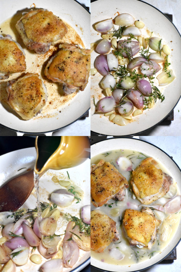 四幅图片拼贴:荷兰烤炉里烤焦的鸡腿;葱、蒜和香草放在同一个荷兰烤箱里;把白葡萄酒倒进锅里;最后把鸡肉和其他食材一起放进去。