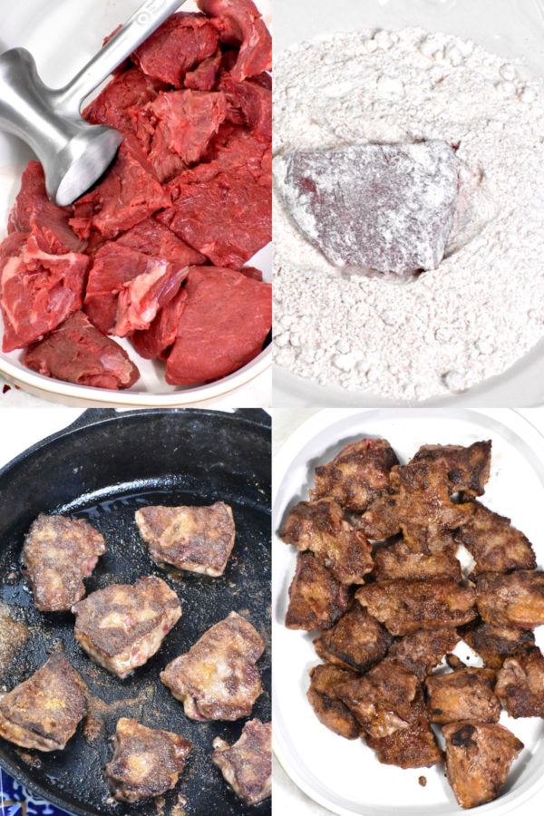 四幅图片拼贴:切成圆章的肉;用面粉疏通的大奖章;用平底锅烹调;然后放到盘子里。