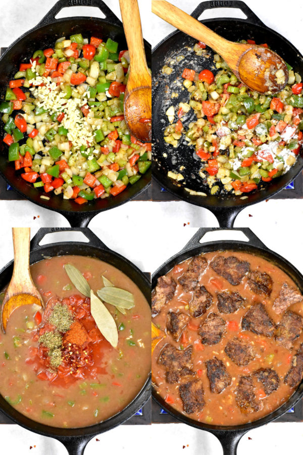 四个图像拼贴:切碎的洋葱，芹菜和甜椒在煎锅中加入大蒜;面粉加入;液体和香料混合在一起;肉加进去了。