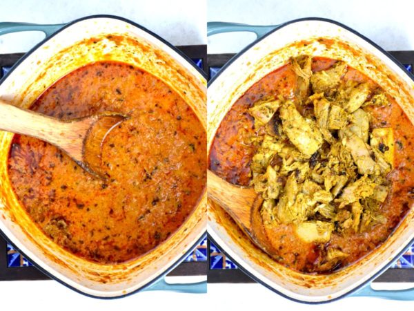 拼贴两张图片:完成的马沙拉酱，然后加入火鸡块。
