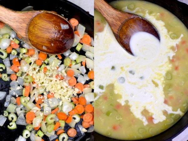 两幅图片拼贴。第一个是烹饪蔬菜，第二个是加入肉汤和奶油。